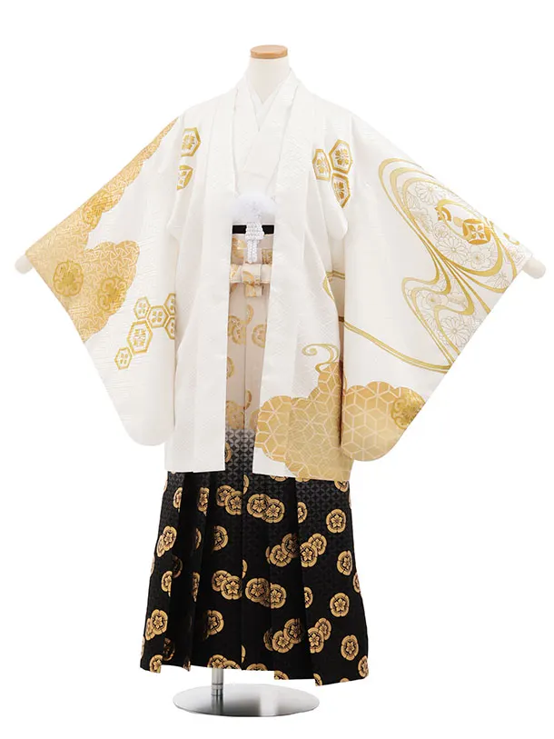 小学生男児袴ﾚﾝﾀﾙZ892  白ゴールド流水×白黒ぼかし