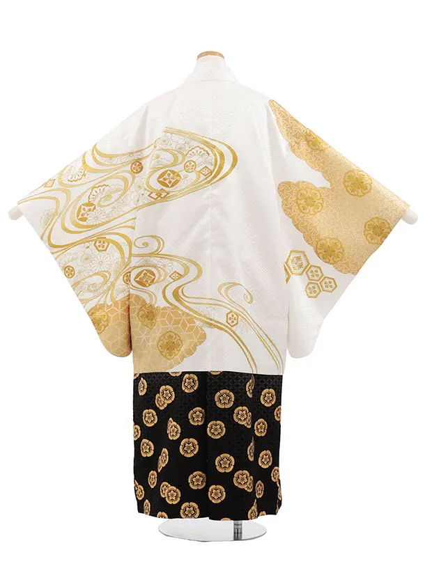 小学生男児袴ﾚﾝﾀﾙZ892  白ゴールド流水×白黒ぼかし