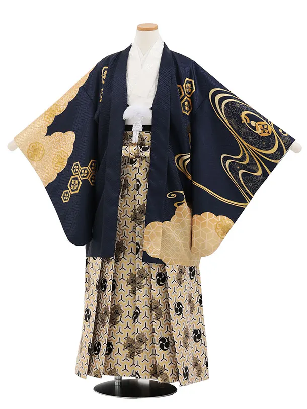 小学生男児袴ﾚﾝﾀﾙZ893  紺ゴールド流水×白ゴールド