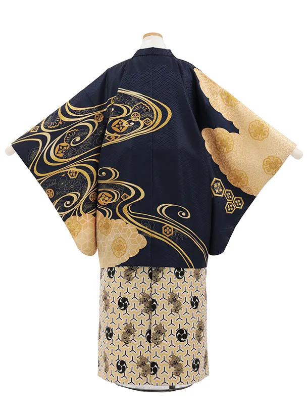 小学生男児袴ﾚﾝﾀﾙZ893  紺ゴールド流水×白ゴールド