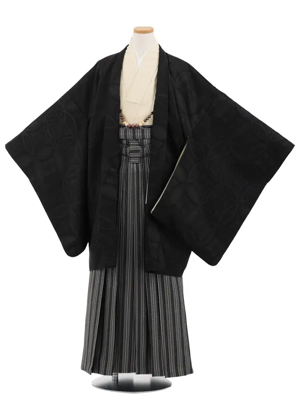 かんたん着付小学生男児袴ﾚﾝﾀﾙZ894 黒地七宝×ｸﾞﾚｰ銀ｽﾄﾗｲﾌﾟ