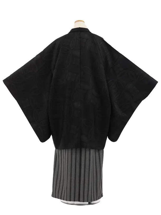 かんたん着付小学生男児袴ﾚﾝﾀﾙZ894 黒地七宝×ｸﾞﾚｰ銀ｽﾄﾗｲﾌﾟ