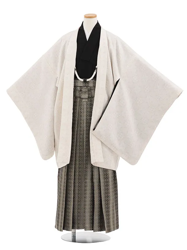 かんたん着付小学生男児袴ﾚﾝﾀﾙZ902 ベージュ花菱×黒ベージュストライプ