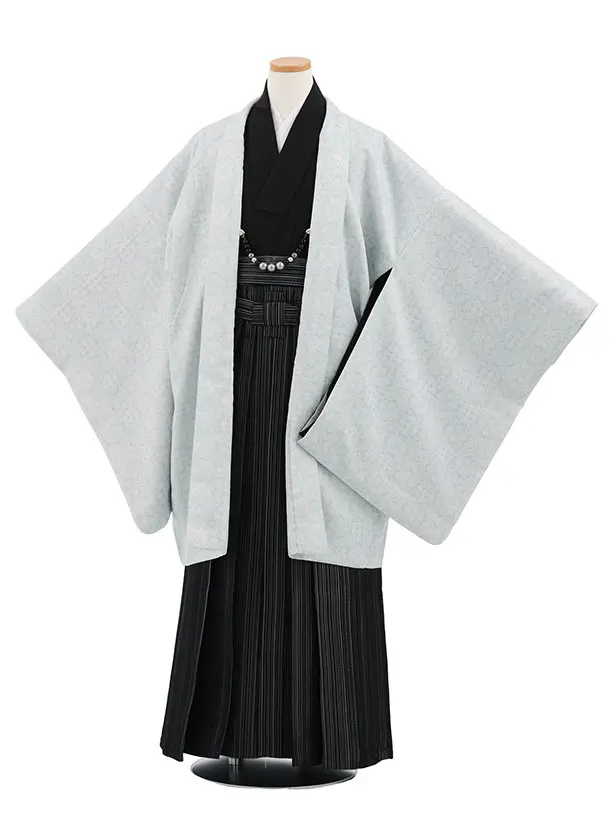 かんたん着付小学生男児袴ﾚﾝﾀﾙZ903 グレー花菱×黒ストライプ