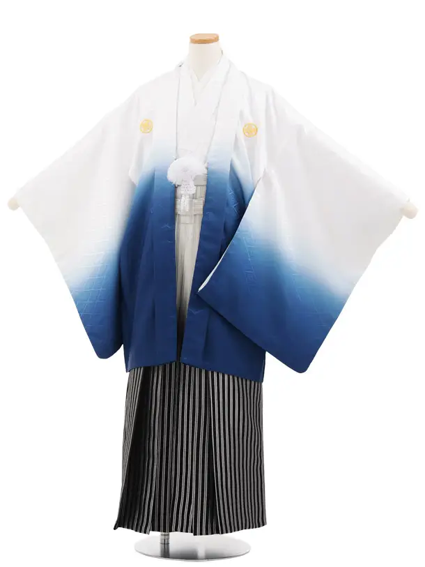 かんたん着付小学生男児袴ﾚﾝﾀﾙ Z954 白ブルーぼかし紋付×白黒ぼかし縞