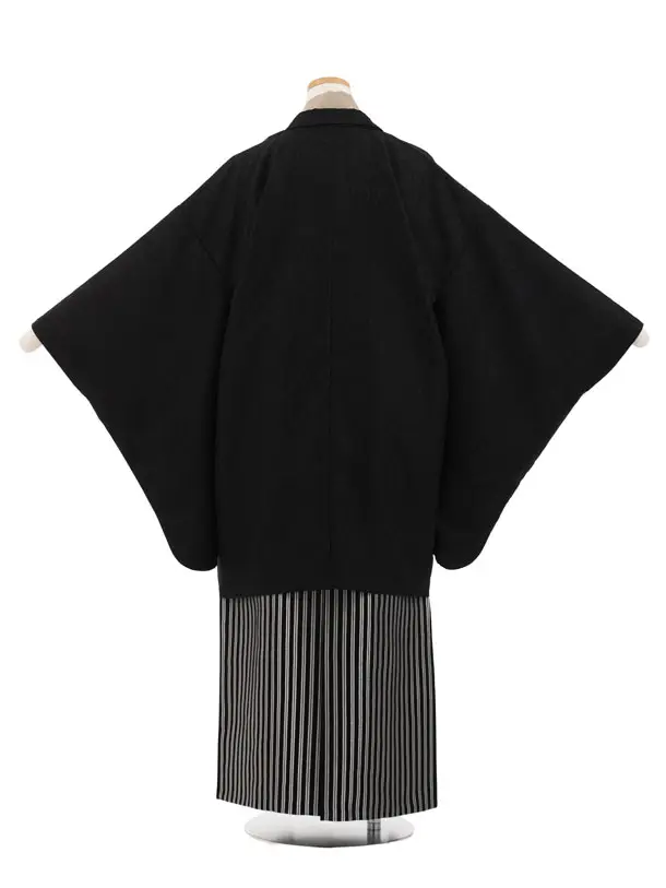 かんたん着付小学生男児袴ﾚﾝﾀﾙ Z955 黒ペイズリー地模様×白黒ぼかし縞