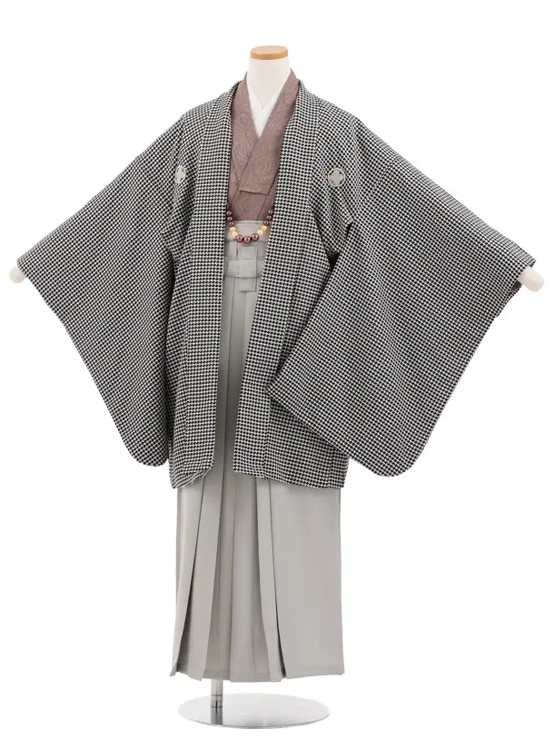 かんたん着付小学生男児袴ﾚﾝﾀﾙ Z961 黒千鳥格子紋付×グレー
