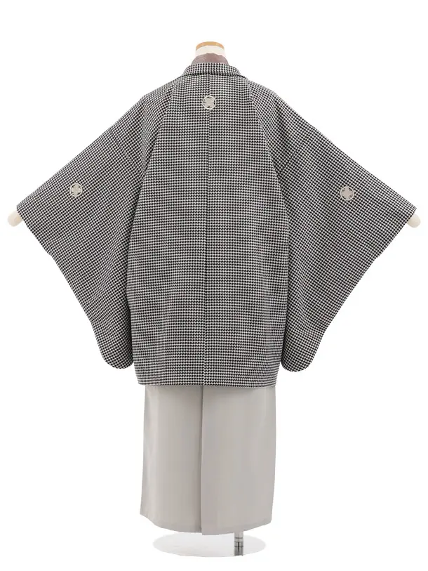 かんたん着付小学生男児袴ﾚﾝﾀﾙ Z961 黒千鳥格子紋付×グレー