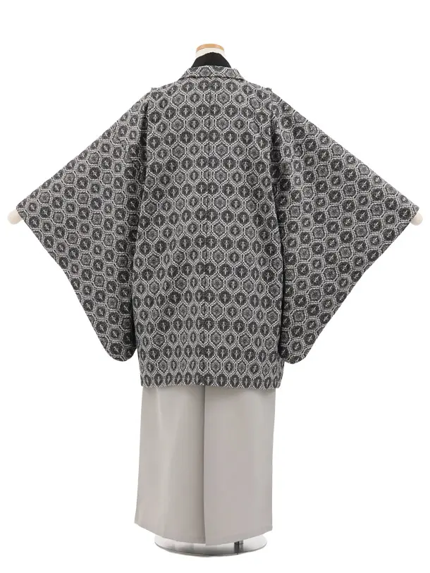 かんたん着付小学生男児袴ﾚﾝﾀﾙ Z970 黒グレージュジャガード×グレー