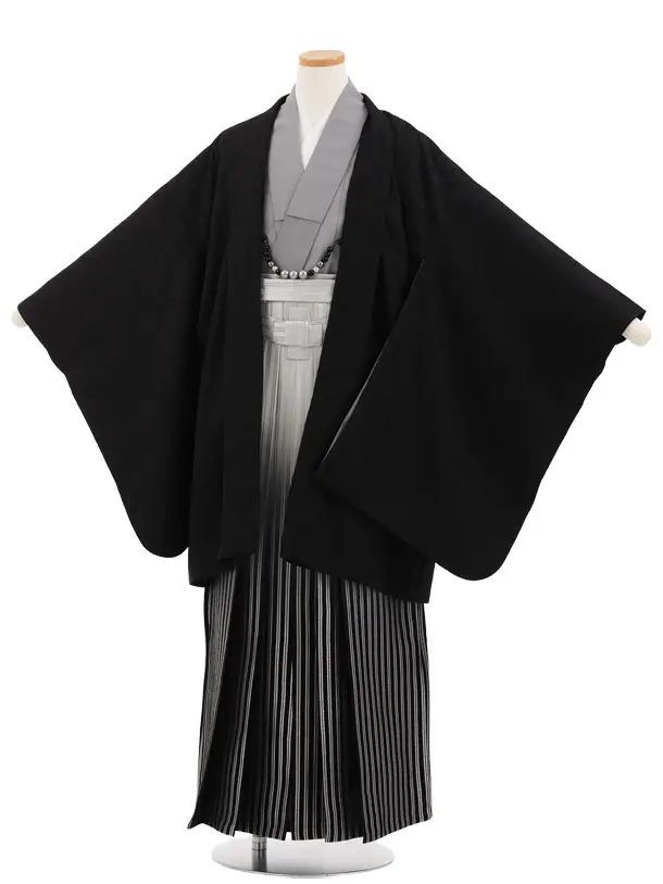 かんたん着付小学生男児袴ﾚﾝﾀﾙ Z973 黒ペイズリー地模様×グレー黒ぼかし縞