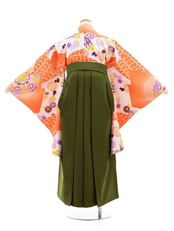 小学校卒業式袴レンタル(女の子)9849 ｵﾚﾝｼﾞ古典柄×抹茶袴