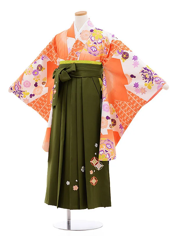 小学校卒業式袴レンタル(女の子)9849 ｵﾚﾝｼﾞ古典柄×抹茶袴