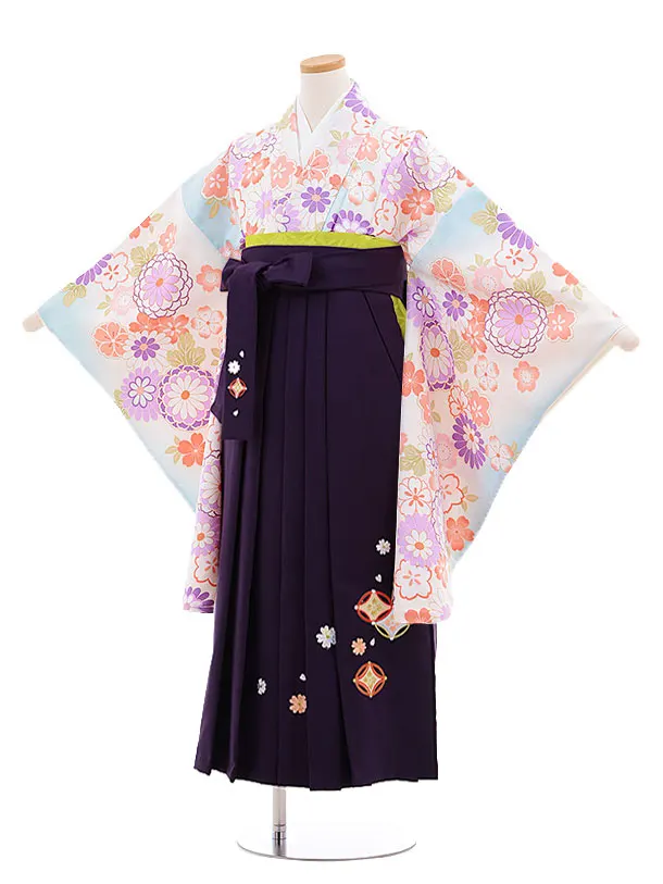 小学校卒業式袴レンタル(女の子)9889 水色菊桜×紫袴