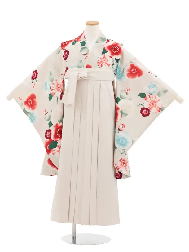 小学生かんたん袴 P001 JAPANSTYLE うすベージュ椿×アイボリー