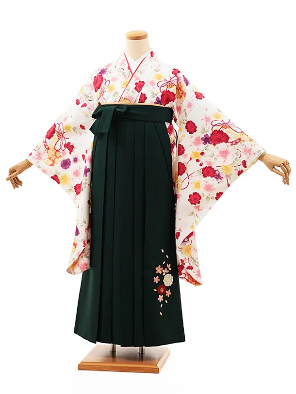 小学生卒業式略式袴(女の子) Z456 白地桜に鈴×グリーン桜