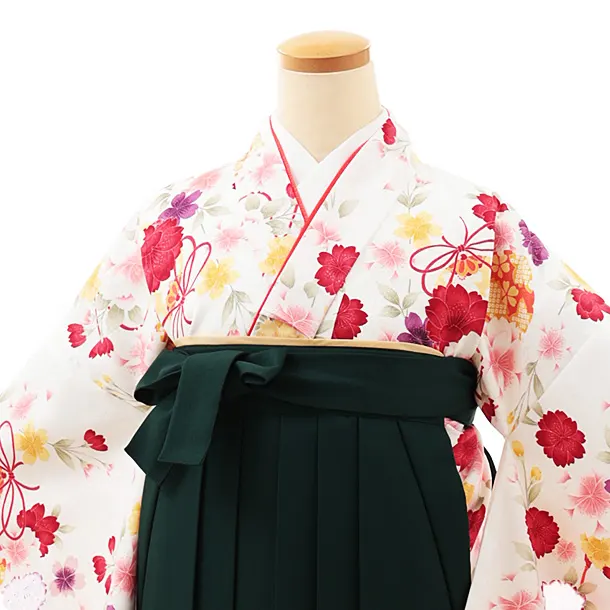 小学生卒業式略式袴(女の子) Z456 白地桜に鈴×グリーン桜