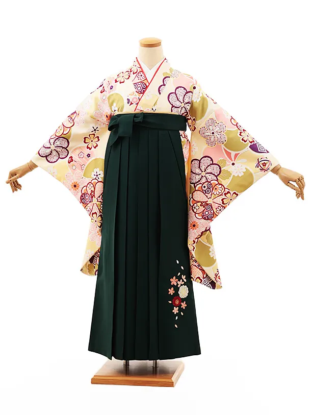 小学生卒業式略式袴(女の子) Z458 クリーム地ねじり梅×グリーン桜