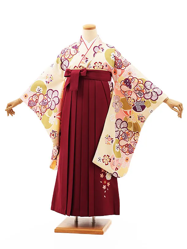 小学生卒業式略式袴(女の子) Z461 クリーム地ねじり梅×エンジ桜