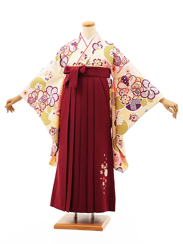 小学生卒業式略式袴(女の子) Z461 クリーム地ねじり梅×エンジ桜