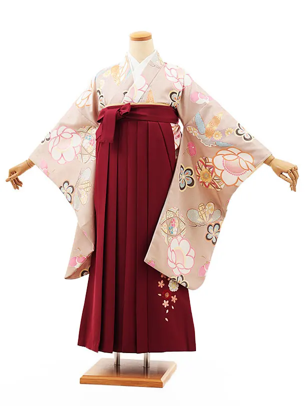 小学生卒業式略式袴(女の子) Z462 ベージュ 鞠に松竹梅×エンジ桜