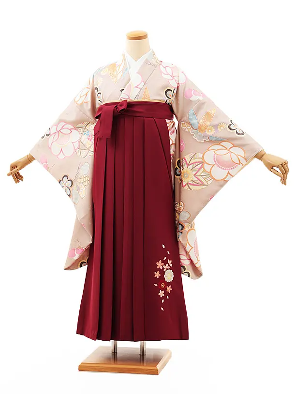 小学生卒業式略式袴(女の子) Z462 ベージュ 鞠に松竹梅×エンジ桜