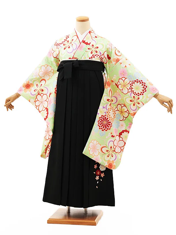 小学生卒業式略式袴(女の子) Z464 ビビッドグリーン梅菊×黒桜