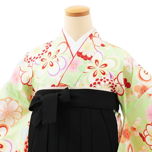 小学生卒業式略式袴(女の子) Z464 ビビッドグリーン梅菊×黒桜