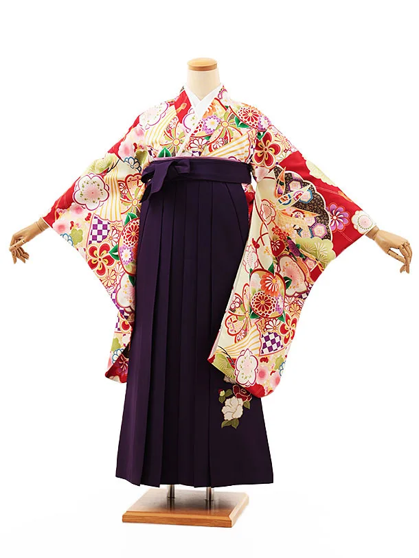 小学生卒業式略式袴(女の子) Z466 赤地古典×紫椿