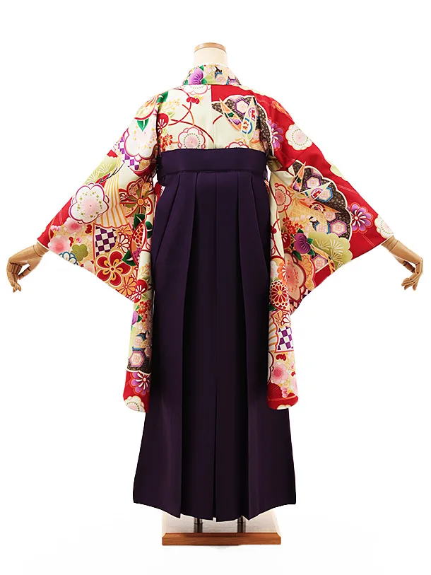 小学生卒業式略式袴(女の子) Z466 赤地古典×紫椿