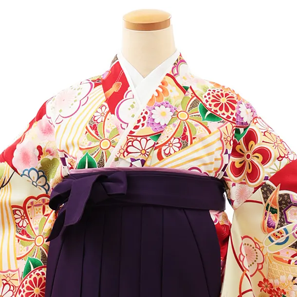 小学生卒業式略式袴(女の子) Z466 赤地古典×紫椿