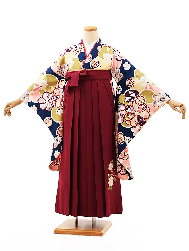 小学生卒業式かんたん袴(女の子) Z469 紺地ねじり梅×エンジ椿