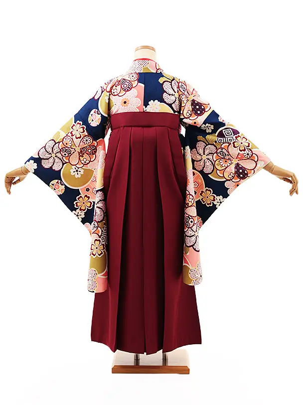 小学生卒業式かんたん袴(女の子) Z469 紺地ねじり梅×エンジ椿
