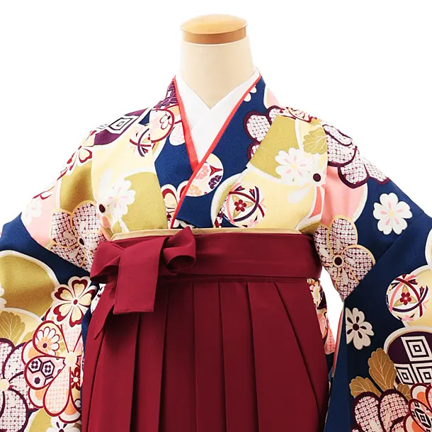 小学生卒業式かんたん袴(女の子) Z469 紺地ねじり梅×エンジ椿