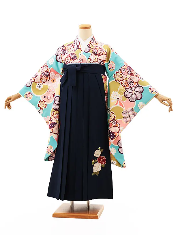 小学生卒業式略式袴(女の子) Z470 水色ねじり梅×紺椿