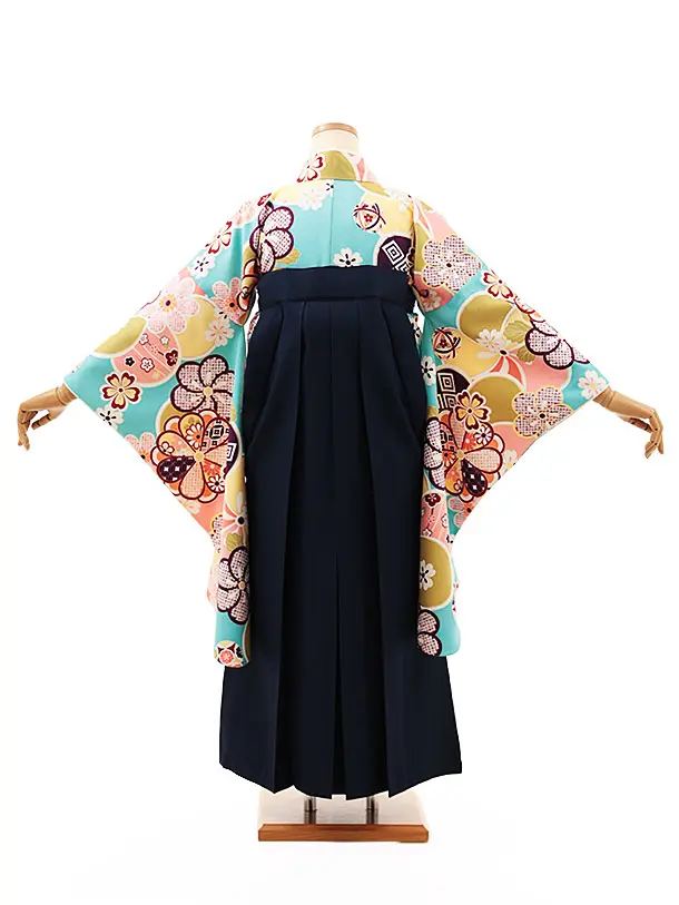 小学生卒業式略式袴(女の子) Z470 水色ねじり梅×紺椿