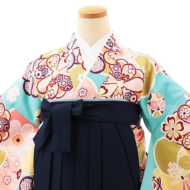 小学生卒業式略式袴(女の子) Z470 水色ねじり梅×紺椿