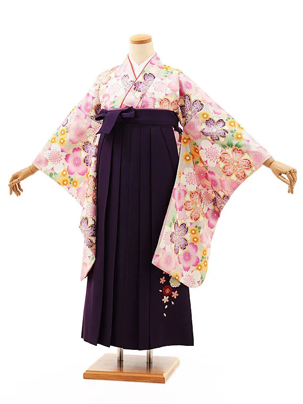 小学生卒業式略式袴(女の子) Z471 薄グレー桜づくし×紫桜