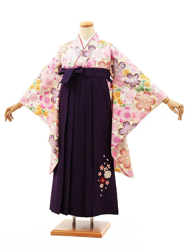 小学生卒業式略式袴(女の子) Z471 薄グレー桜づくし×紫桜
