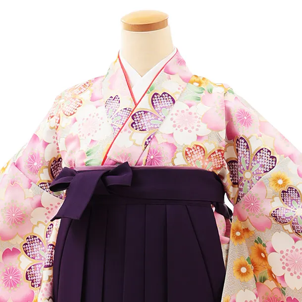 小学生卒業式略式袴(女の子) Z471 薄グレー桜づくし×紫桜
