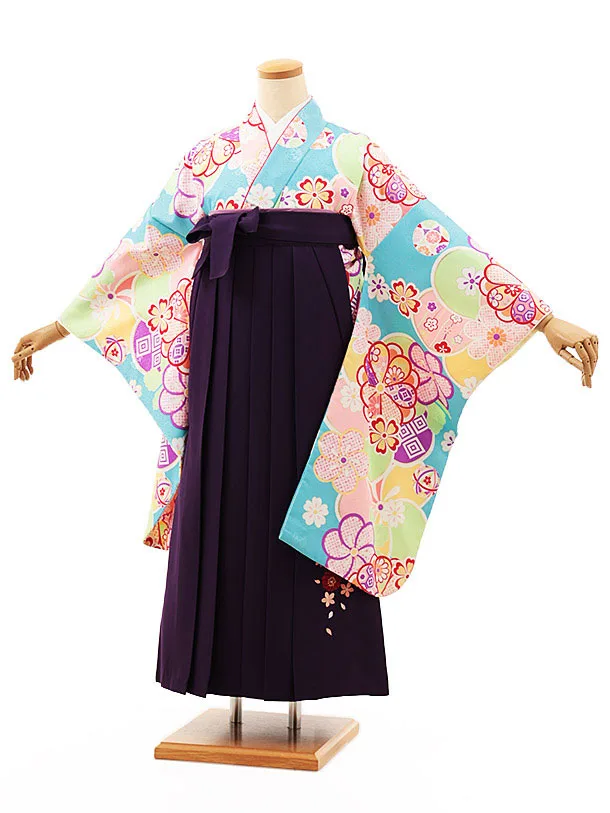 小学生卒業式略式袴(女の子) Z472 スカイブルーねじり梅×紫桜