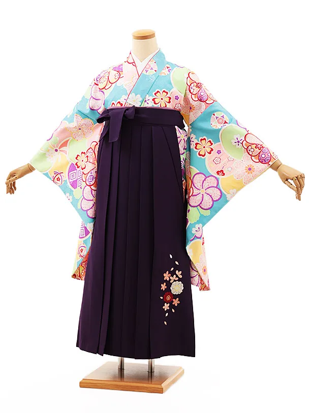 小学生卒業式略式袴(女の子) Z472 スカイブルーねじり梅×紫桜