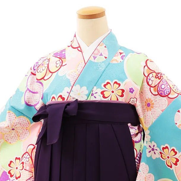 小学生卒業式略式袴(女の子) Z472 スカイブルーねじり梅×紫桜