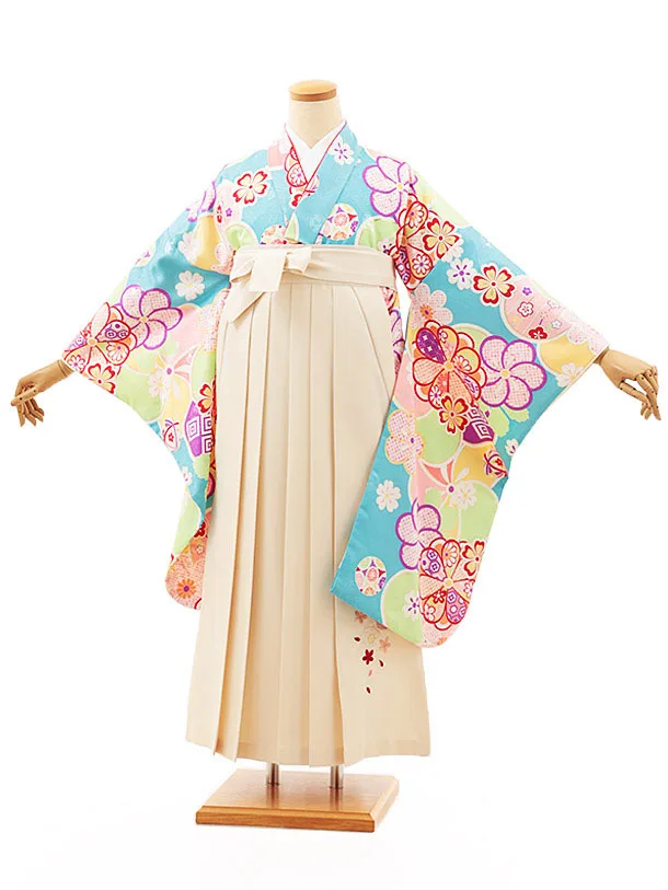 小学生卒業式略式袴(女の子) Z473 スカイブルーねじり梅×クリーム桜