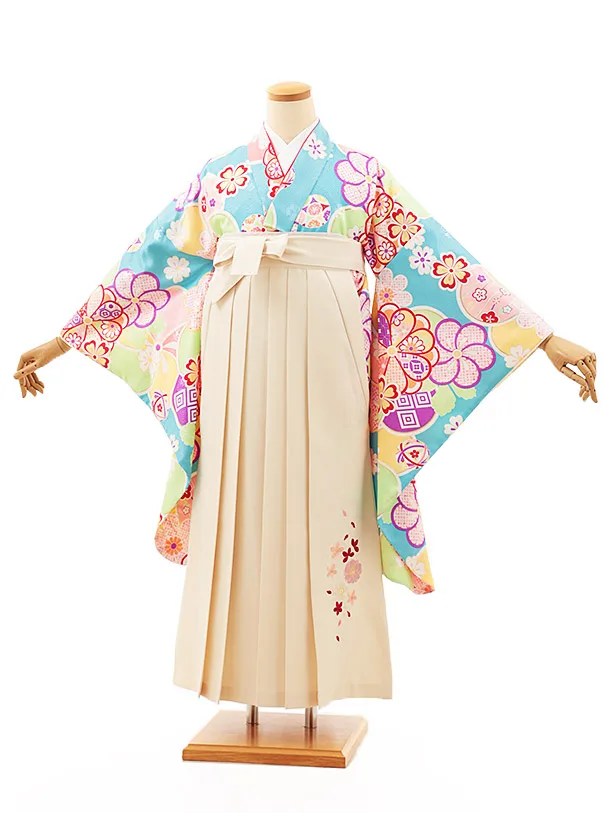 小学生卒業式略式袴(女の子) Z473 スカイブルーねじり梅×クリーム桜
