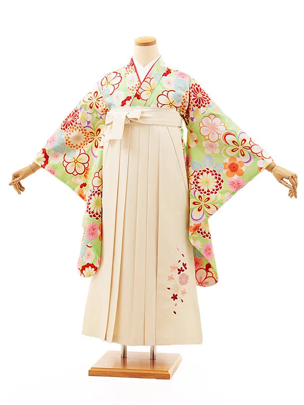 小学生卒業式略式袴(女の子) Z474 ビビッドグリーン梅菊×クリーム桜