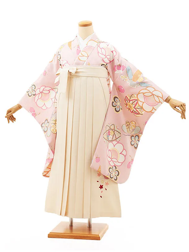 小学生卒業式略式袴(女の子) Z475 ペールピンク鞠に松竹梅×クリーム桜