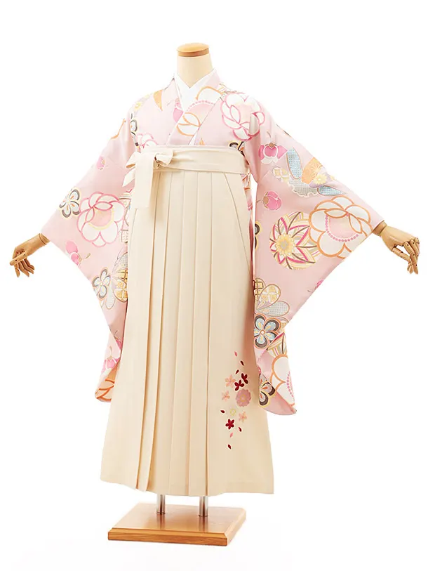 小学生卒業式略式袴(女の子) Z475 ペールピンク鞠に松竹梅×クリーム桜