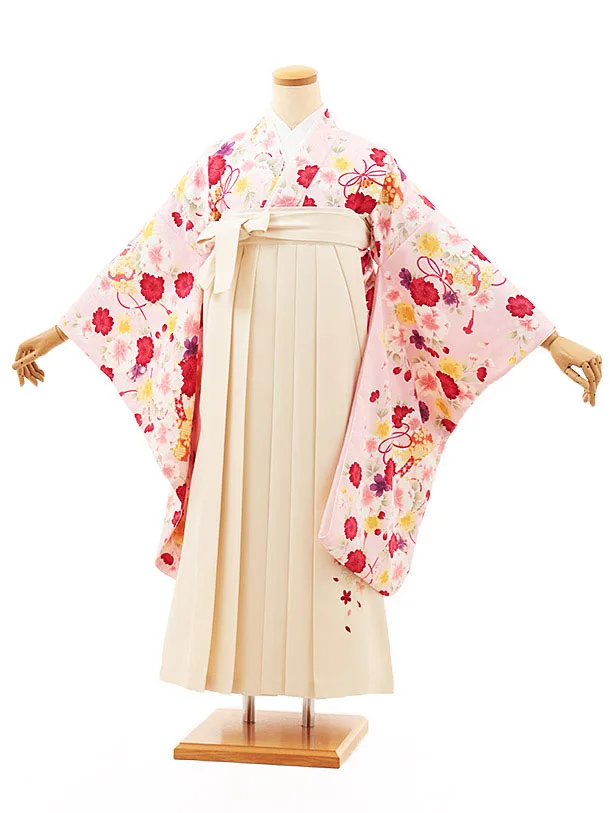 小学生卒業式略式袴(女の子) Z476 ピンク桜に鈴×クリーム桜