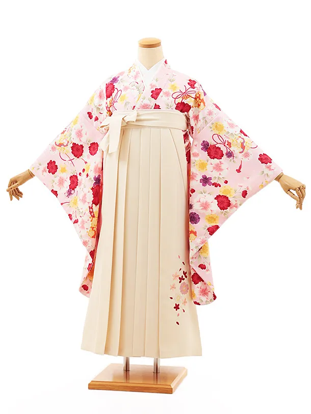小学生卒業式かんたん袴(女の子) Z476 ピンク桜に鈴×クリーム桜