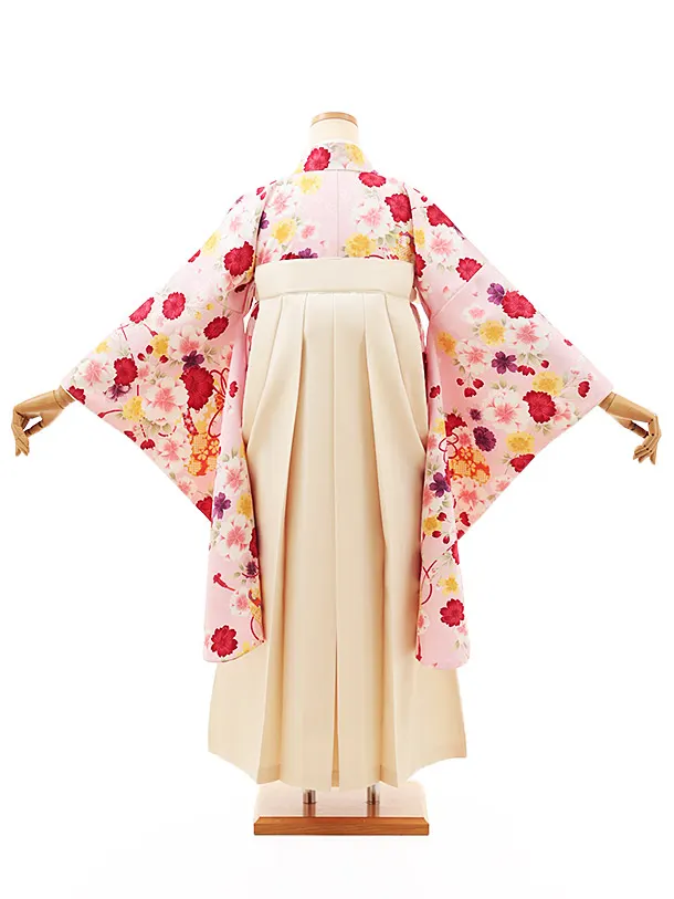 小学生卒業式かんたん袴(女の子) Z476 ピンク桜に鈴×クリーム桜